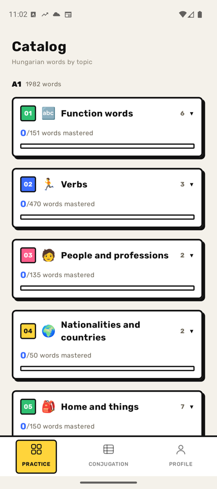 The Tessék catalogue screen: A1 topics with progress