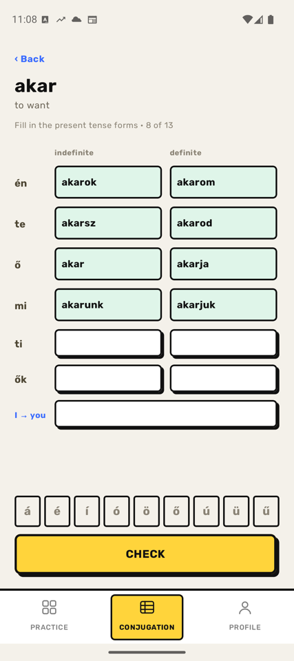 A Hungarian verb conjugation table in Tessék